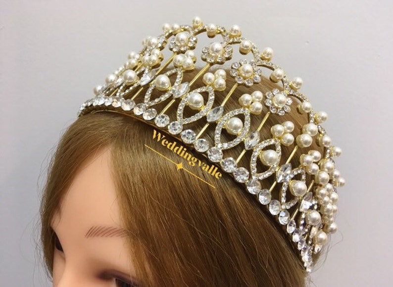 wedding headpiece Gold pearls headpiece prom wedding tiara wedding crown princess tiara gold crown bridal crown full bridal crown