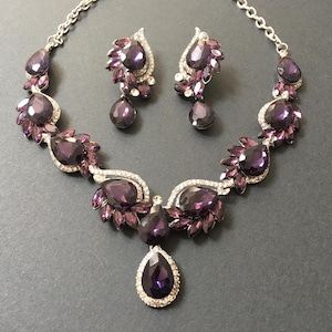Amethyst necklace, crystal bridal necklace, bridal set, birthstone jewelry, statement necklace, wedding jewelry, purple wedding set, prom