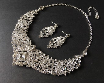 Sparkle evening necklace, Victorian rhinestone necklace, crystal necklace, jewelry set, wedding bridal jewelry, bridesmaids jewelry