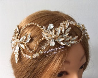 VENTA - Tocado de boda de flores románticas, diadema nupcial, enredadera de pelo nupcial, oro de pelo de fiesta, diadema de boda, tiara nupcial, tiara de boda