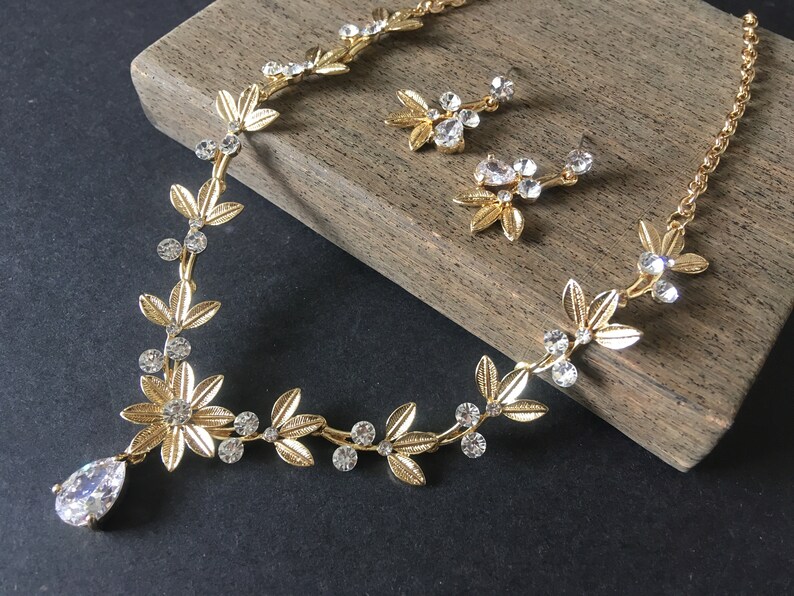 Gold necklace jewelry set sunflower wedding necklace bridal necklace bridal rhinestones crystals necklace statement wedding jewelry