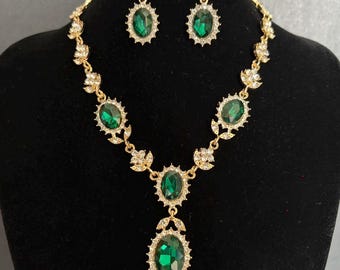 Emerald Green Jewelry Set for Bride, Gold Bridal Necklace and Earrings Set, Emerald Rhinestone Prom Evening Jewelry, Wedding Accessories