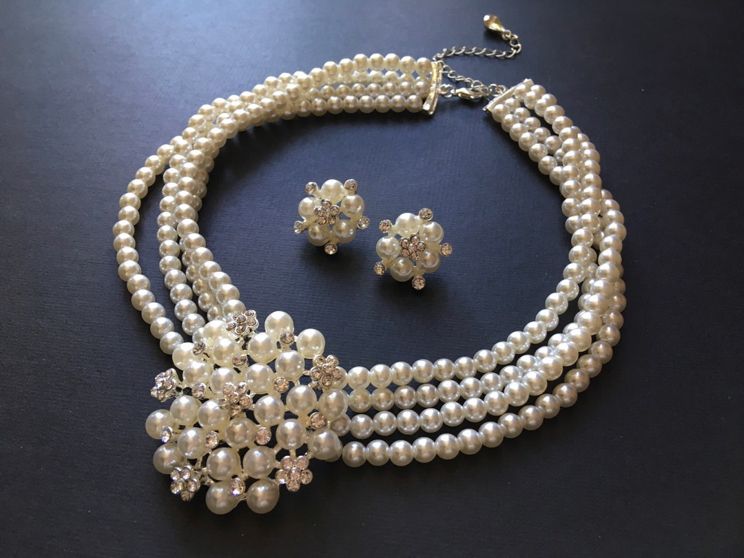 Parure Mariage Bijoux Strass Et Perles - Collier Et Boucles D'Oreilles Pour Mariée, Femmes Et Filles