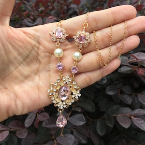 Pink crystal necklace, Victorian necklace, bridal crystal necklace, wedding necklace, pink wedding, bridal jewelry, gold jewellery, Art Deco