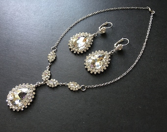 Silver jewellery set, teardrop necklace, bridal necklace, wedding jewelry set, statement necklace, crystal wedding, Art Deco jewelry