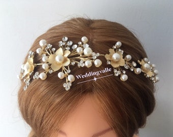 SALE - Romantic gold pearls tiara, wedding tiara, bridal jewelry, wedding headband, flower leaf headband, wedding hair vine, wedding hair