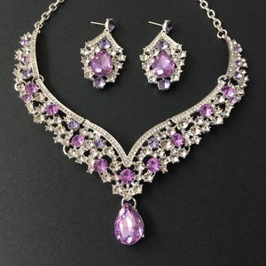 Amethyst necklace, bridal necklace set, purple crystal jewelry, statement necklace, wedding jewelry set, purple wedding, Art Deco jewelry