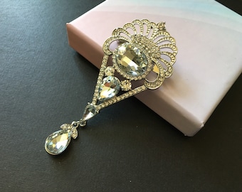 Art Deco brooch, rhinestone brooch, crystal brooch, party dress brooch, anniversary gift, anniversary gift, dangle jewelry