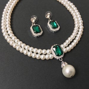 Green stone necklace, wedding jewelry, pearl jewelry set, emerald necklace set, crystal bridal jewelry, wedding jewelry set, birthstone