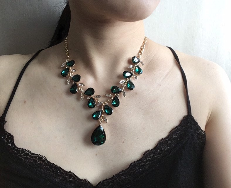 Parure De Bijoux Strass Perles Vertes – Collier + Boucles D'oreilles – Pour Mariage, Bal, Soirée – Cadeau Femme