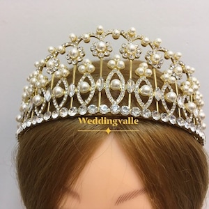 SALE - Gold headpiece, wedding tiara, bridal crown, princess tiara, full bridal crown, wedding crown, bridal hair piece, pearl headpiece