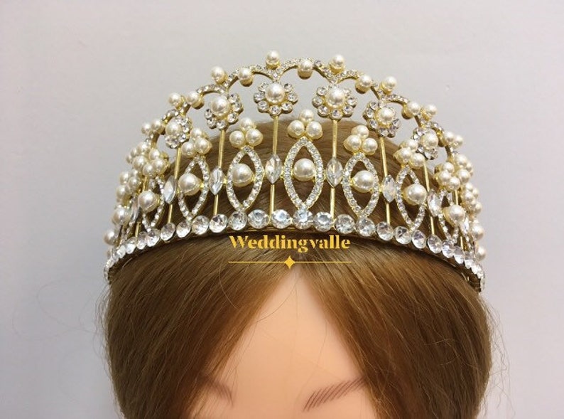 wedding headpiece Gold pearls headpiece prom wedding tiara wedding crown princess tiara gold crown bridal crown full bridal crown