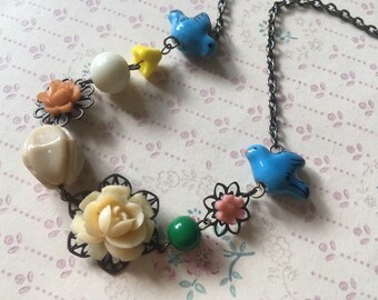 Flying birds flowers necklace, birds necklace, colorful necklace, shabby chic necklace, beads necklace, cute necklace, valentine gift