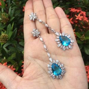 Blue earrings, CZ earrings, silver earrings, long drop wedding, crystal bridal jewelry, wedding earrings, dangle earrings, CZ earrings