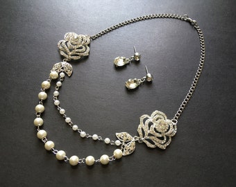 Floral wedding, rhinestone necklace, bridal necklace set, wedding necklace, bridal jewellery, crystal necklace, wedding set, prom necklace