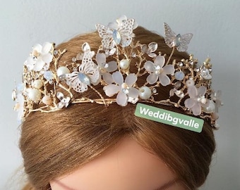 Couronne en or, couronne de mariage, cheveux de mariée, accessoire pour cheveux, casque de mariée, diadème de mariée, bijoux papillon, couvre-chef floral, couronne de fleurs