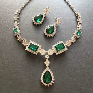 Emerald green necklace, crystal bridal necklace, wedding necklace, wedding necklace, rhinestone necklace, wedding set, party jewelry set