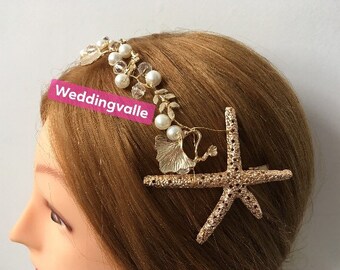 SALE - Gold starfish headpiece, wedding hair vine, bridal hair, hair tiara, star headpiece, gold tiara, wedding headband, wedding hair vine