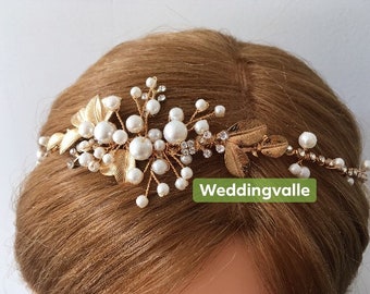 SALE - Romantisches Haarteil, goldenes Headpiece, Hochzeit Tiara, Braut Haarband, Hochzeit Tiara, Perlen Tiara, Naturschmuck