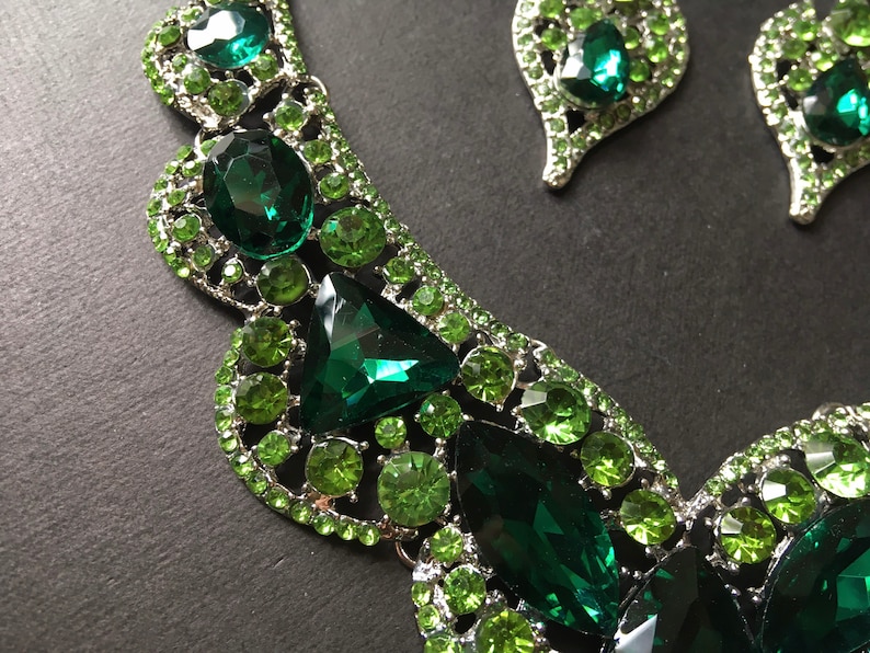 Victorian emerald crystal necklace, wedding necklace, wedding jewelry, bridal necklace, rhinestone necklace, wedding set, bridal jewelry set image 3