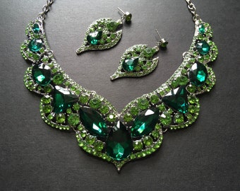 Victorian emerald crystal necklace, wedding necklace, wedding jewelry, bridal necklace, rhinestone necklace, wedding set, bridal jewelry set