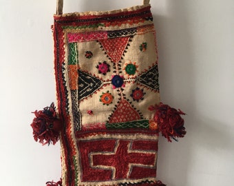 SALE - Vintage old tribal bag, handmade embroidery, ethnic bag, India bag, gypsy bag, boho chic bag, bohemian, gift for her, pom pom bag