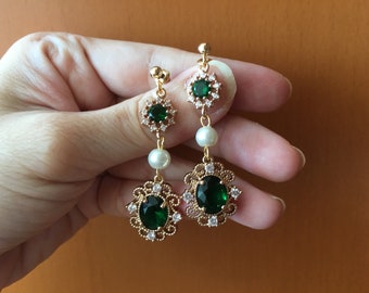 Emerald earrings, crystal bridal earrings, birthday gift, daily earrings, anniversary gift, Grandma gift for Mom, birthstone jewellery