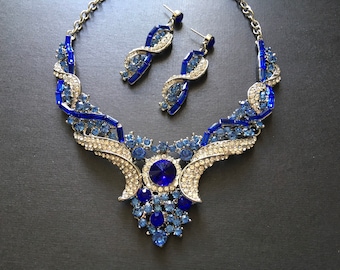Blue Crystal Jewelry Set, Victorian Necklace Earrings, Birthstone Necklace, Birthday Gift for Mom, Anniversary Gift for Her
