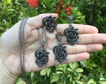 SALDI - Set di collane nere, set di collane per costumi, collana con rose, collana per tutti i giorni, regalo di compleanno, delicata collana di diamanti