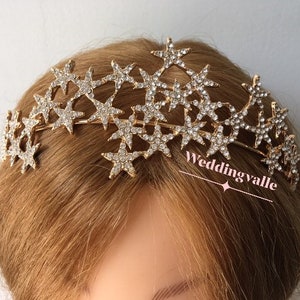 Gold stars crown, wedding bridal crown, stars headband, rhinestone crystal tiara, star headpiece, fairy crown, princess crown