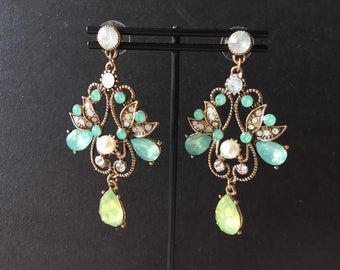 Green earrings, antique earrings, lime green earrings, mint green earrings, prom jewelry, statement earrings, evening earrings, romantic