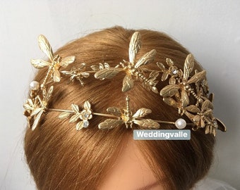 Gold butterfly headpiece, wedding tiara, flower crown, gold tiara, wedding headpiece, bridal headband, bridal hair, wedding hair, prom