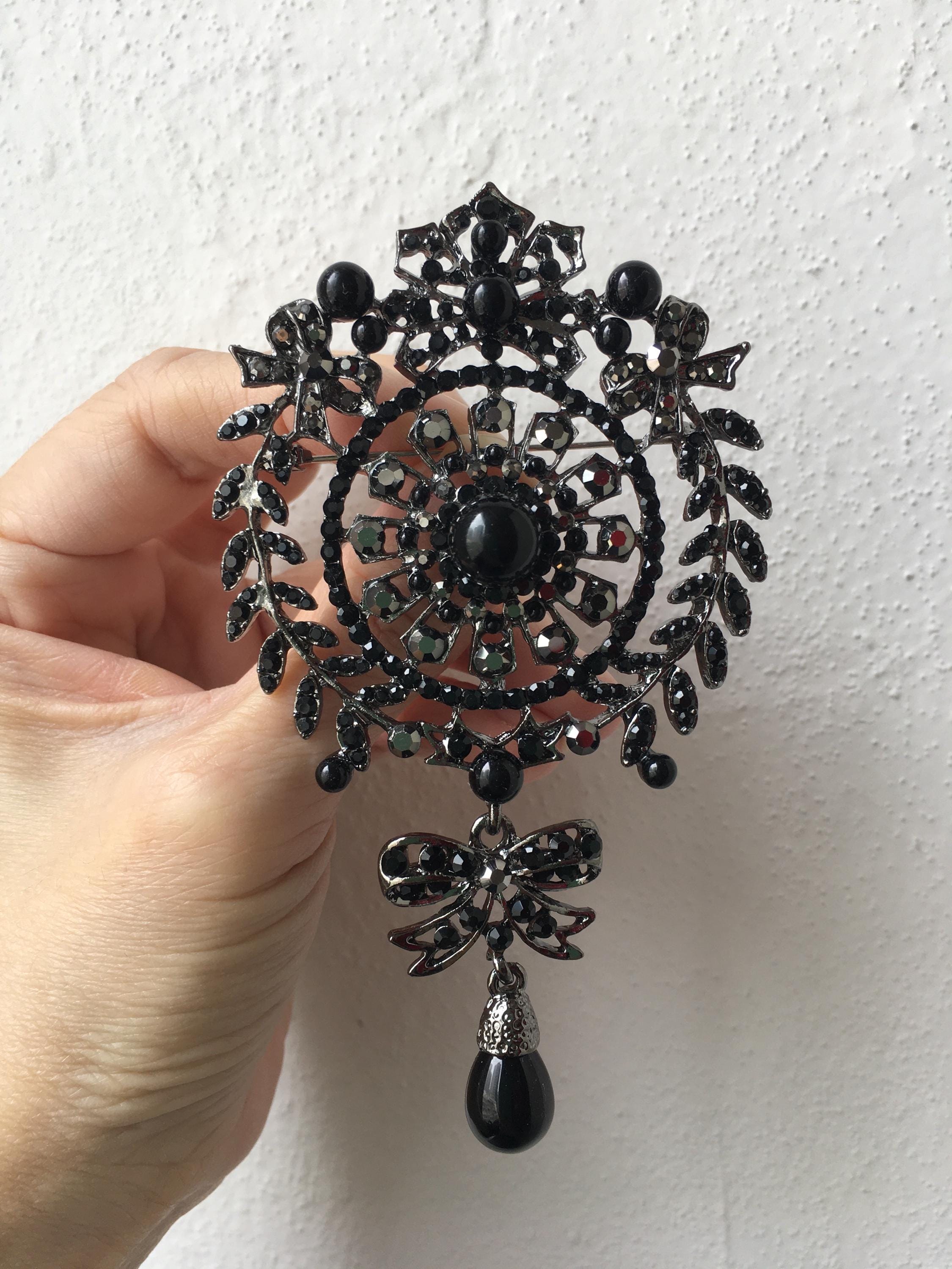 Black Crystal Brooch, Gothic Jewelry, Anniversary Gift 