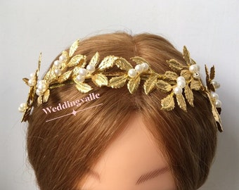 SALE -Gold headband, bridal headband, wedding hair vine, bridal headpiece, wedding tiara, gold tiara, pearl tiara, leaf crown, wedding tiara