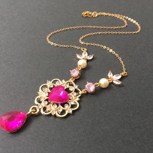 Pink necklace, romantic necklace, bridal crystal necklace, wedding necklace, pink wedding, bridal jewelry, gold jewellery, chandelier