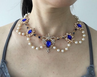 Colar de noivado com pérolas e zircônias em tons de ouro e azul royal, colar de safira, presente de aniversário.