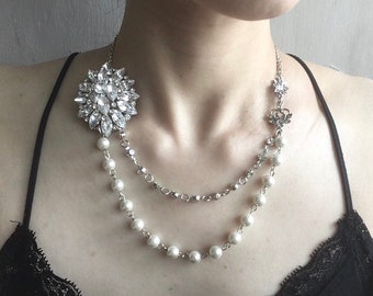 SALE - Romantic necklace, prom necklace, crystal necklace, wedding bridal necklace, bridal jewelry, layering necklace, modern pearl jewelry