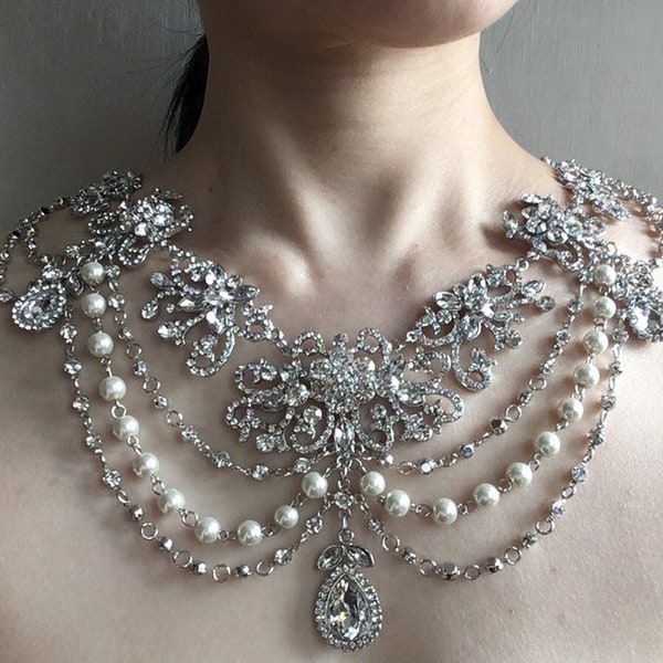 Layering necklace, chandelier necklace, dangly necklace, crystal necklace, pearl wedding jewelry, bridal necklace, Victorian jewelry