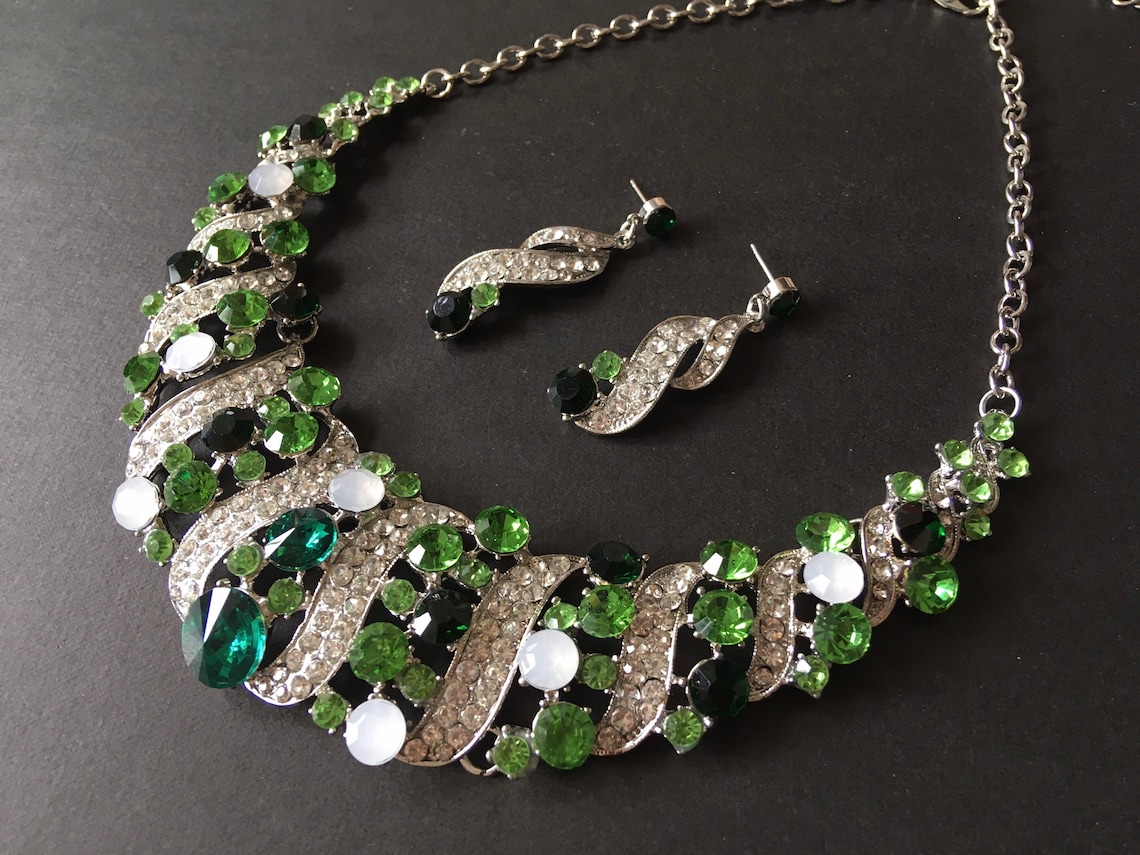 Romantic emerald necklace bridal necklace bridal set crystal | Etsy