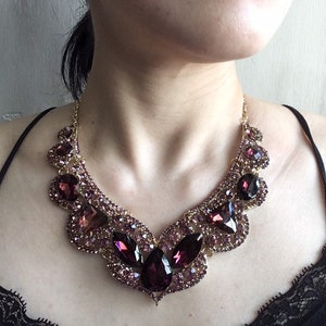 Gold purple rhinestone necklace, crystal necklace, wedding necklace, jewelry set, statement necklace, bridal set, wedding set