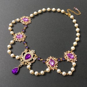Purple gold necklace, wedding jewelry, CZ necklace, crystal bridal necklace, pearl wedding necklace, layering jewelry, amethyst birthstone