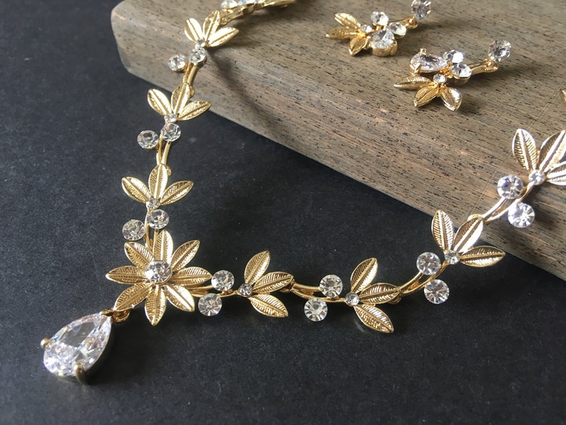 Gold necklace jewelry set sunflower wedding necklace bridal necklace bridal rhinestones crystals necklace statement wedding jewelry