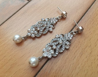 Silver earrings, crystal earrings, dainty studs earrings, wedding earrings, bridal crystal stud  earrings, long drop earrings