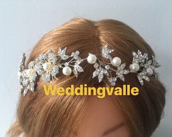 SALE - Floral bridal gold headpiece, bridal headband, rhinestone headpiece, crystal tiara, pearl bridal headpiece, wedding hair vine