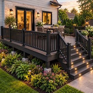 May include: A raised outdoor deck featuring black railings and stairs with integrated warm lighting. The deck includes a dining set with wicker chairs and a table, positioned outside a house with stone siding and glass doors.