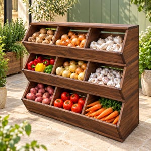 May include: A three-tiered wooden storage rack with an open-front design, featuring dark brown wood grain. The shelves are filled with fresh produce, including potatoes, onions, garlic, bell peppers, red potatoes, tomatoes, and carrots.