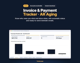 Invoice Tracker Excel Template, Accounts Receivable Aging Report, Unpaid Invoice and Payment Tracker, Reminder Emails