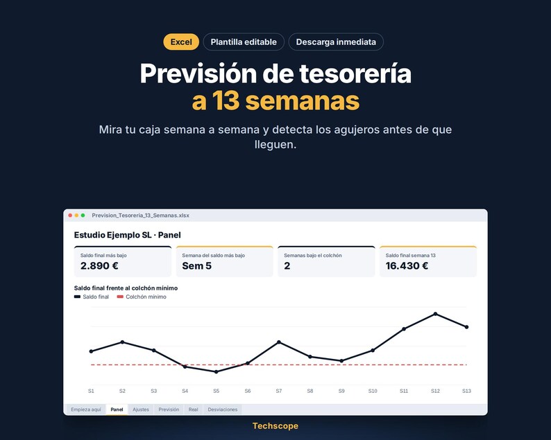 Plantilla Excel Previsión de Tesorería 13 Semanas para Pymes y Autónomos, Flujo de Caja con Panel y Avisos image 1