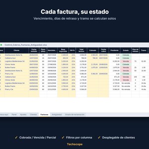 May include: A digital spreadsheet titled Control_Cobros_Facturas_Antiguedad.xlsx displaying invoice data with columns for client names, dates, tax, and payment status. The table includes rows labeled F26-001 through F26-012 with status indicators.