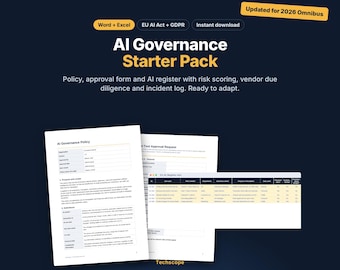 AI Governance Policy Template Pack, Artificial Intelligence Risk Register, Vendor Assessment, Word and Excel